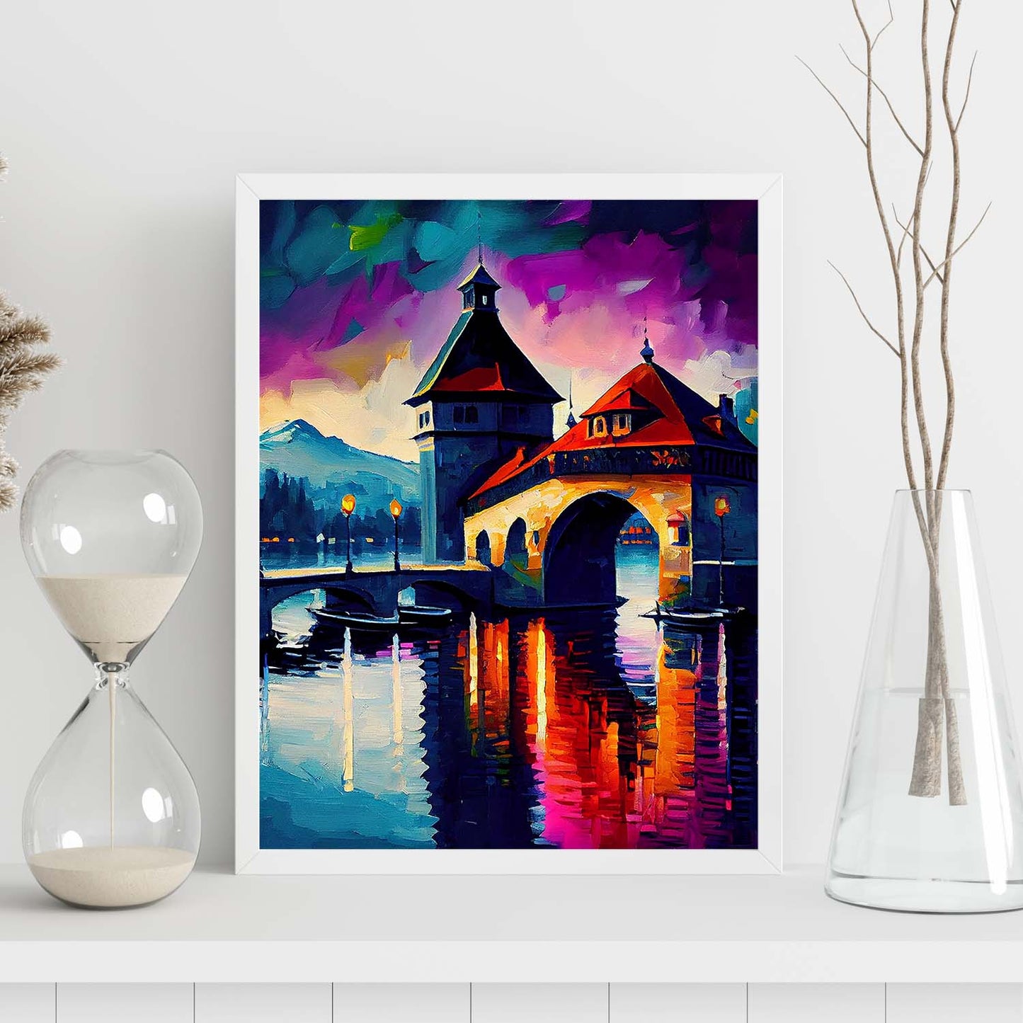 Puente de la Capilla Nacnica Lucerna Suiza Cepillo de pintura al óleo. Estampados de arte de pared estético para el diseño de dormitorio o sala de estar.-Artwork-Nacnic-Nacnic Estudio SL