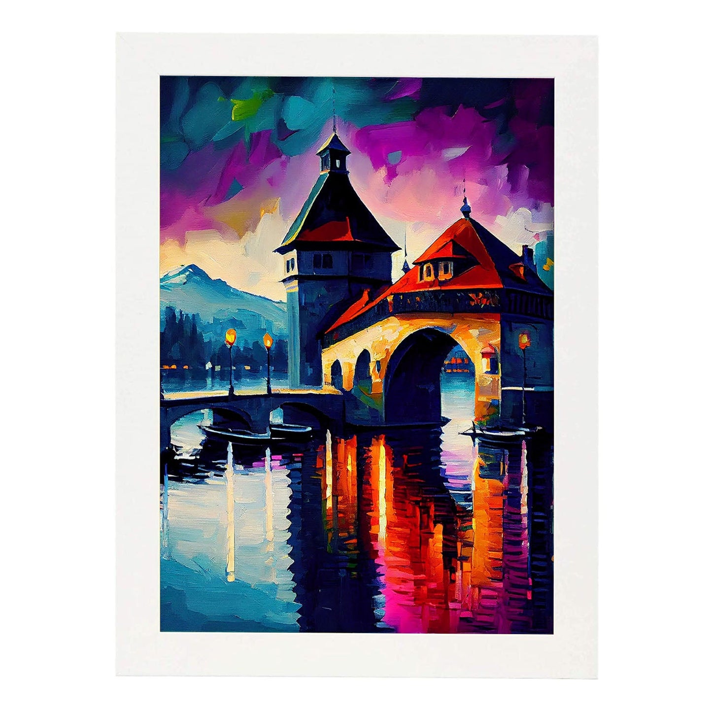 Puente de la Capilla Nacnica Lucerna Suiza Cepillo de pintura al óleo. Estampados de arte de pared estético para el diseño de dormitorio o sala de estar.-Artwork-Nacnic-A4-Marco Blanco-Nacnic Estudio SL