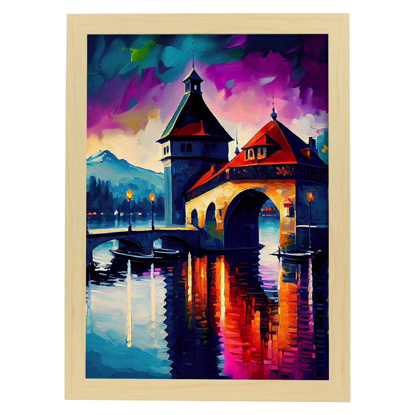 Puente de la Capilla Nacnica Lucerna Suiza Cepillo de pintura al óleo. Estampados de arte de pared estético para el diseño de dormitorio o sala de estar.-Artwork-Nacnic-A4-Marco Madera clara-Nacnic Estudio SL