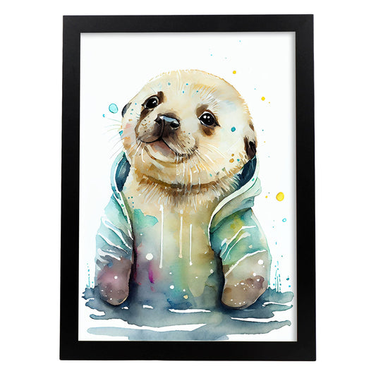 Pupa de foca nacnic para bebé sobre fondo blanco sonriendo. Estampados de arte de pared estético para el diseño de dormitorio o sala de estar.-Artwork-Nacnic-A4-Sin marco-Nacnic Estudio SL