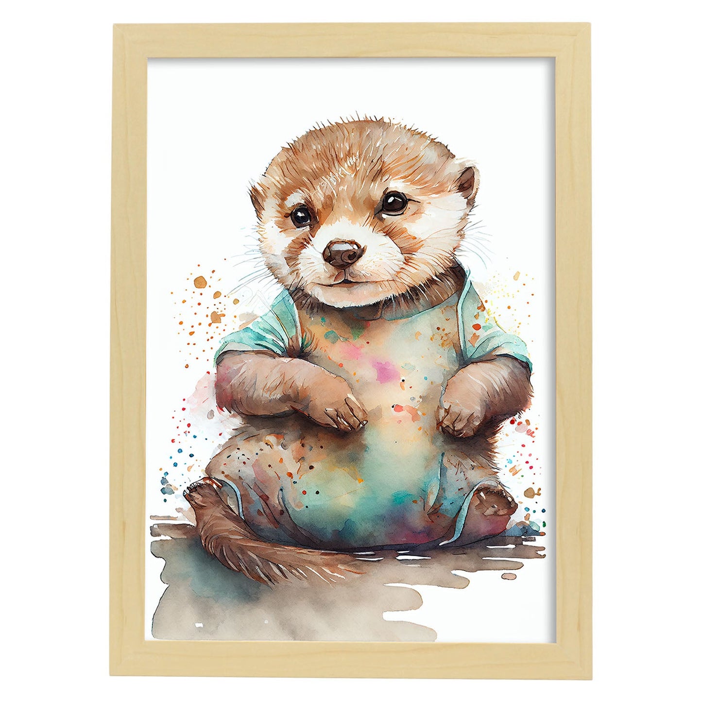 Pupa de nutria nacnic baby sobre fondo blanco sonriendo con s. Estampados de arte de pared estético para el diseño de dormitorio o sala de estar.-Artwork-Nacnic-A4-Marco Madera clara-Nacnic Estudio SL