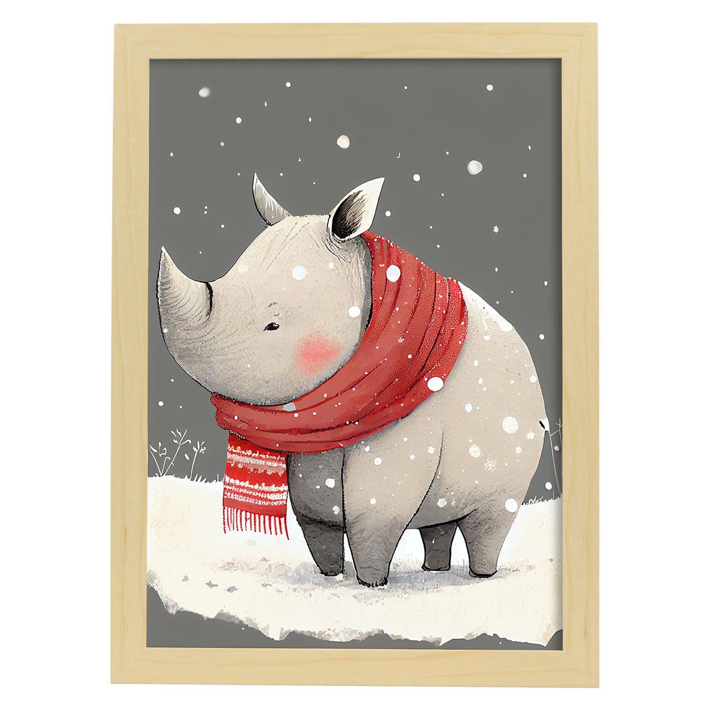 Rhinoceros nacnic lindo bebé con rojo. Estampados de arte de pared estético para el diseño de dormitorio o sala de estar.-Artwork-Nacnic-A4-Marco Madera clara-Nacnic Estudio SL