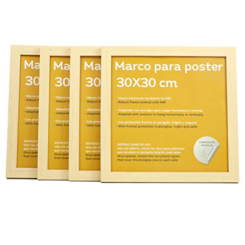 Set 4 Marcos color nogal para fotos. Tamaño 30x30 cm. Robustos de MDF y frontal de plexiglas.Marcos madera nogal para colgar o apoyarvertical u horizontal.-Nacnic-Nacnic Estudio SL