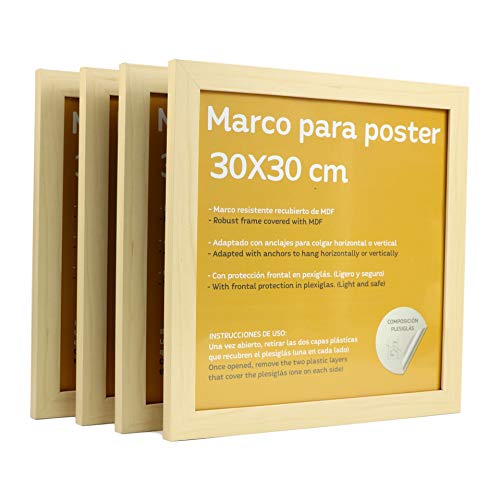 Set 4 Marcos color nogal para fotos. Tamaño 30x30 cm. Robustos de MDF y frontal de plexiglas.Marcos madera nogal para colgar o apoyarvertical u horizontal.-Nacnic-Nacnic Estudio SL