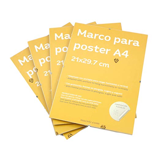 Set 4 marcos transparentes de clip . Soportes transparentes para fotos, posters, diplomas, dibujos o láminas. Tamaño A4 (21x29.7 cm). Marcos clip transparentes con plexiglas y anclajes para colgar-Nacnic-Nacnic Estudio SL