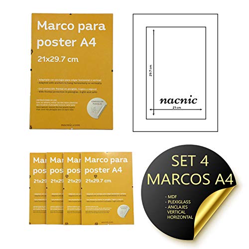 Set 4 marcos transparentes de clip . Soportes transparentes para fotos, posters, diplomas, dibujos o láminas. Tamaño A4 (21x29.7 cm). Marcos clip transparentes con plexiglas y anclajes para colgar-Nacnic-Nacnic Estudio SL