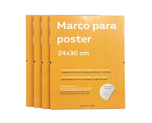 Set 4 Marcos Transparentes de Clip Soportes Transparentes para Fotos, Posters, Diplomas, Dibujos o láminas. Tamaño 24x30cm. Marcos Clip Transparentes con plexiglas y Anclajes para Colgar.-Nacnic-Nacnic Estudio SL