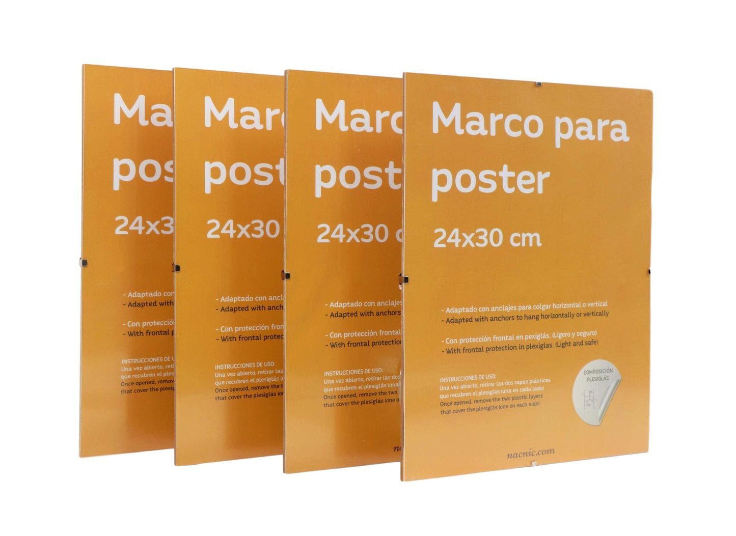 Set 4 Marcos Transparentes de Clip Soportes Transparentes para Fotos, Posters, Diplomas, Dibujos o láminas. Tamaño 24x30cm. Marcos Clip Transparentes con plexiglas y Anclajes para Colgar.-Nacnic-Nacnic Estudio SL