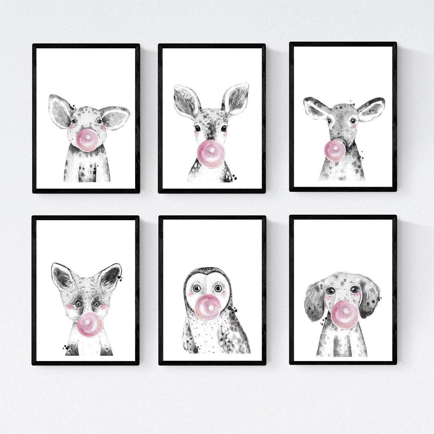 Set 6 posters animales bebes con chicle. Cerdo Ciervo Vaca Zorro Buho Perro.-Artwork-Nacnic-Nacnic Estudio SL