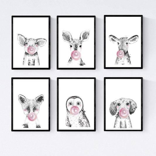 Set 6 posters animales bebes con chicle. Cerdo Ciervo Vaca Zorro Buho Perro.-Artwork-Nacnic-Nacnic Estudio SL