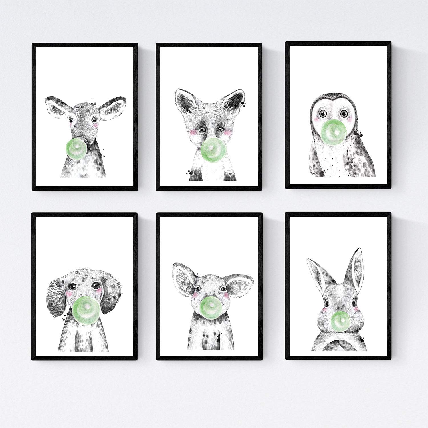 Set 6 posters animales bebes con chicle. Cerdo Conejo Vaca Zorro Buho Perro.-Artwork-Nacnic-Nacnic Estudio SL