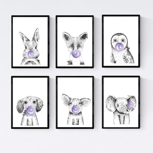 Set 6 posters animales bebes con chicle. Cerdo Elefante Conejo Zorro Buho Perro.-Artwork-Nacnic-Nacnic Estudio SL