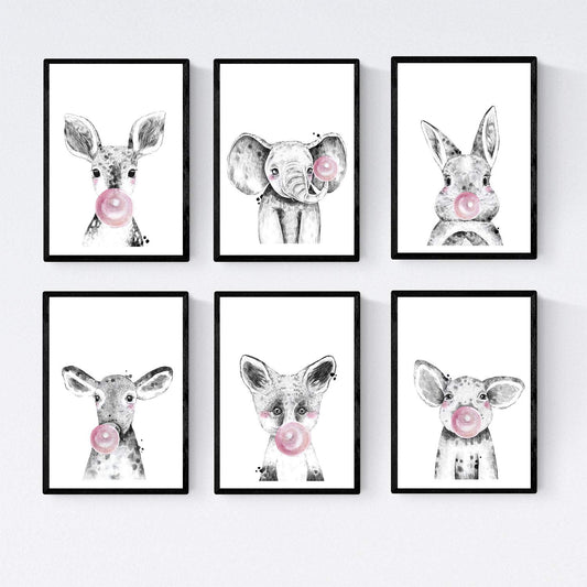 Set 6 posters animales bebes con chicle. Ciervo Cerdo Elefante Conejo Vaca Zorro.-Artwork-Nacnic-Nacnic Estudio SL