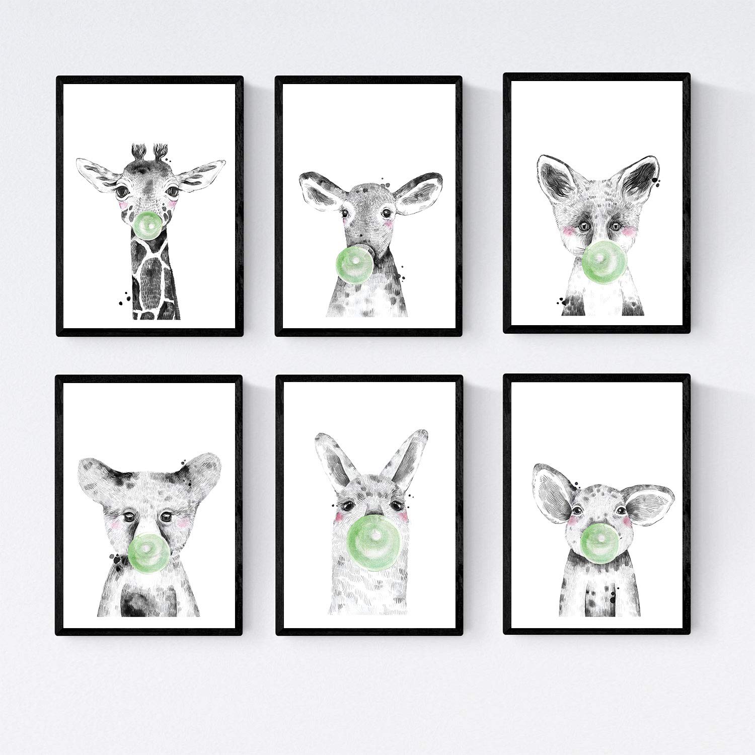 Set 6 posters animales bebes con chicle. Girafa Cerdo Vaca Zorro Oso L –  Nacnic Estudio SL