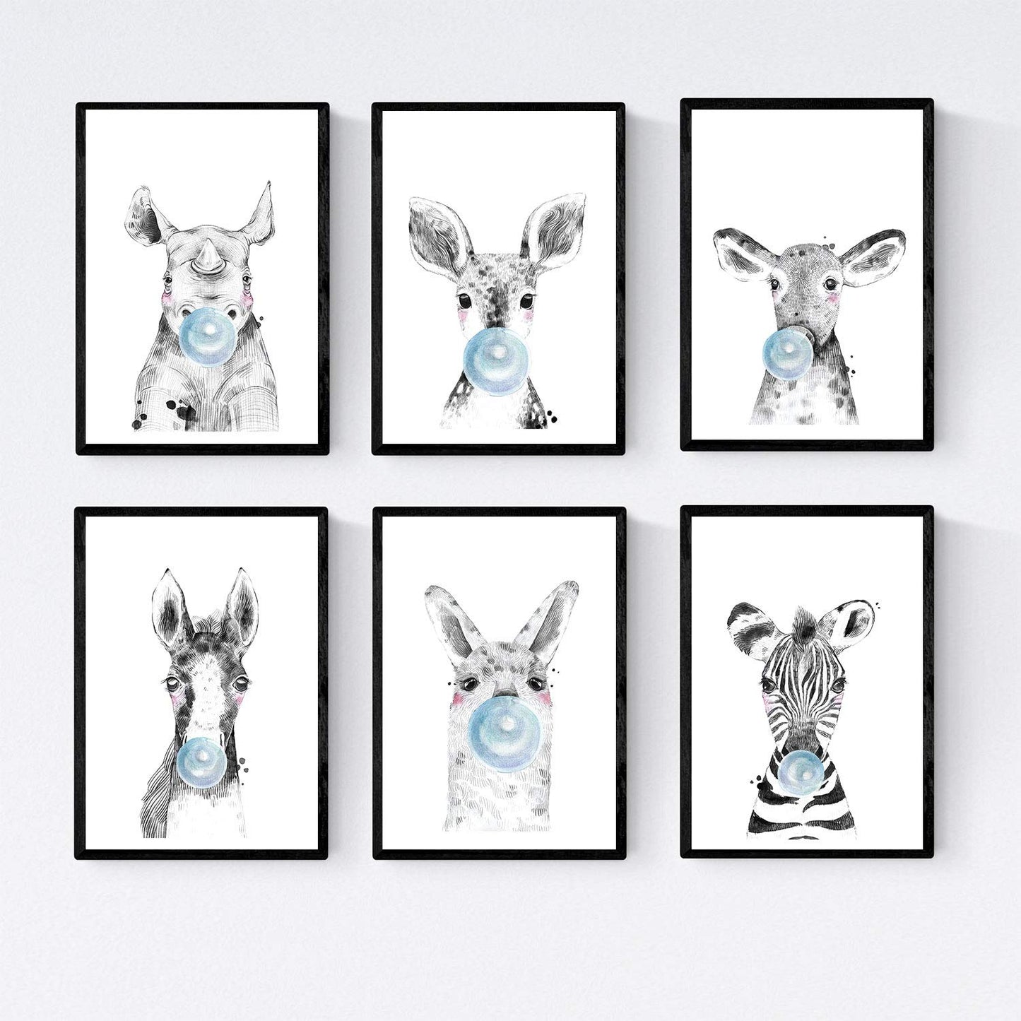 Set 6 posters animales bebes con chicle. Zebra Rino Ciervo Vaca Caballo Llama.-Artwork-Nacnic-Nacnic Estudio SL