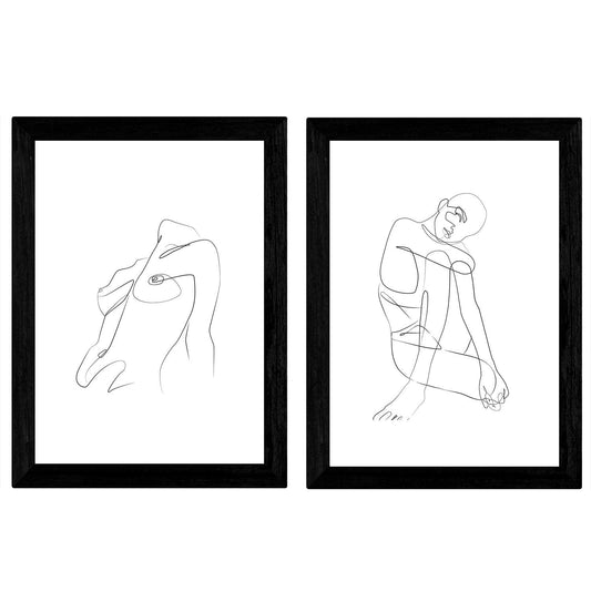 Set de 2 láminas de Dibujos con un Solo Trazo Desnudo de Mujer sentada y de pie. Posters con una Sola Linea.-Artwork-Nacnic-Nacnic Estudio SL