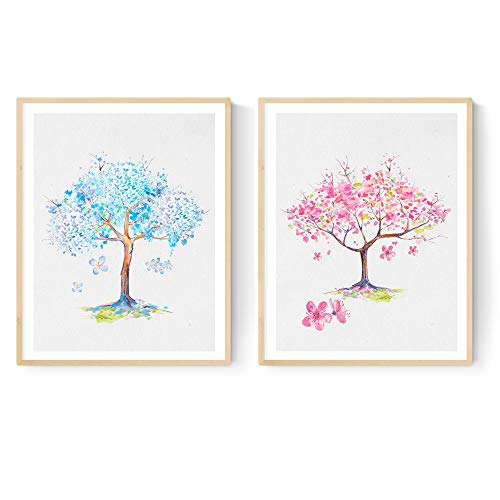 Set de 2 láminas para enmarcar Arbol Rosa, Arbol Azul Estilo Acuarela. Posters con imágenes de Naturaleza en tamaño A3. Decoración de hogar.-Artwork-Nacnic-Nacnic Estudio SL