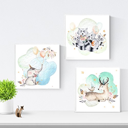 Set de 3 láminas para enmarcar ELEFANTE, CERVATILLO Y MAPACHES . Posters para habitación infantil. Estilo acuarela y tonos pastel-Artwork-Nacnic-Nacnic Estudio SL