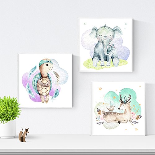 Set de 3 láminas para enmarcar ELEFANTE, CERVATILLO Y TORTUGA . Posters para habitación infantil. Estilo acuarela y tonos pastel-Artwork-Nacnic-Nacnic Estudio SL