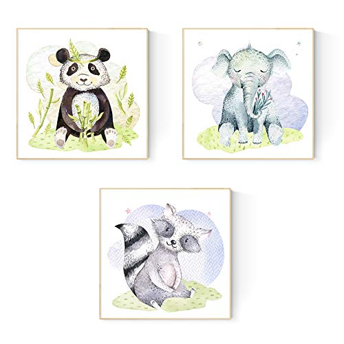 Set de 3 láminas para enmarcar ELEFANTE, OSO PANDA Y OSO HORMIGUERO . Posters para habitación infantil. Estilo acuarela y tonos pastel-Artwork-Nacnic-Nacnic Estudio SL