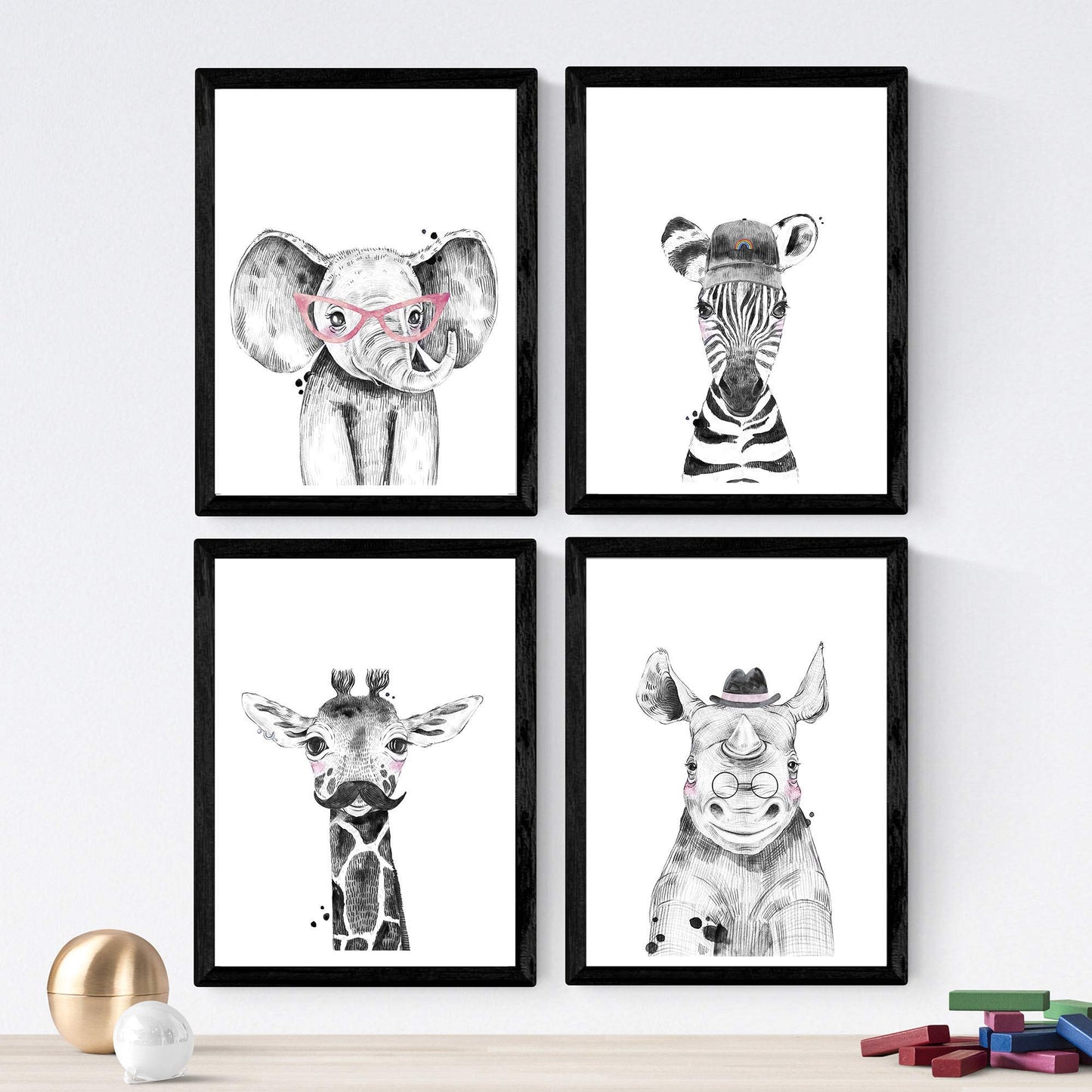 Set de 4 láminas de Animales Infantiles Adultos, en , Poster papel 250 gr.-Artwork-Nacnic-Nacnic Estudio SL