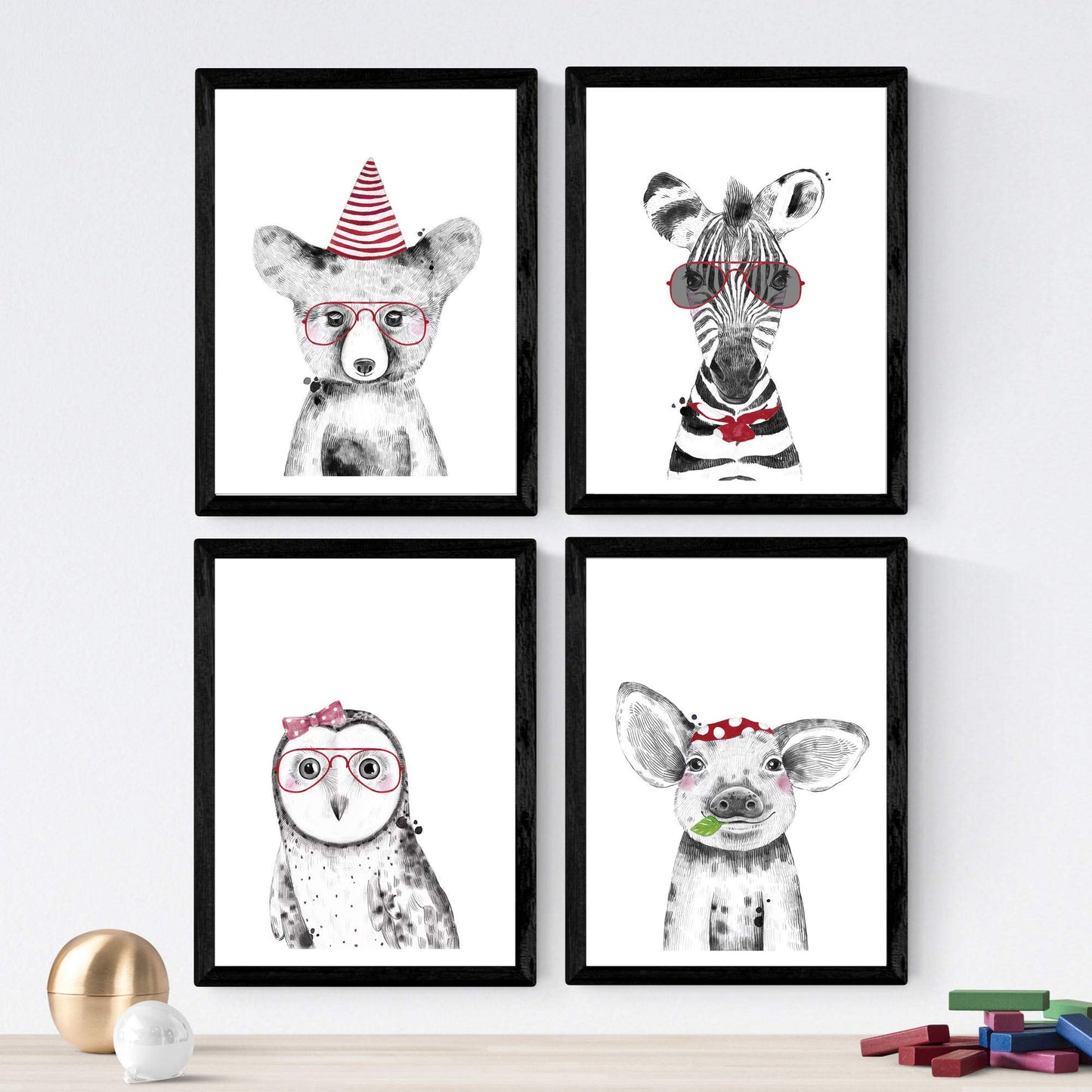 Set de 4 láminas de Animales Infantiles Colores Rojos, en-Artwork-Nacnic-Nacnic Estudio SL