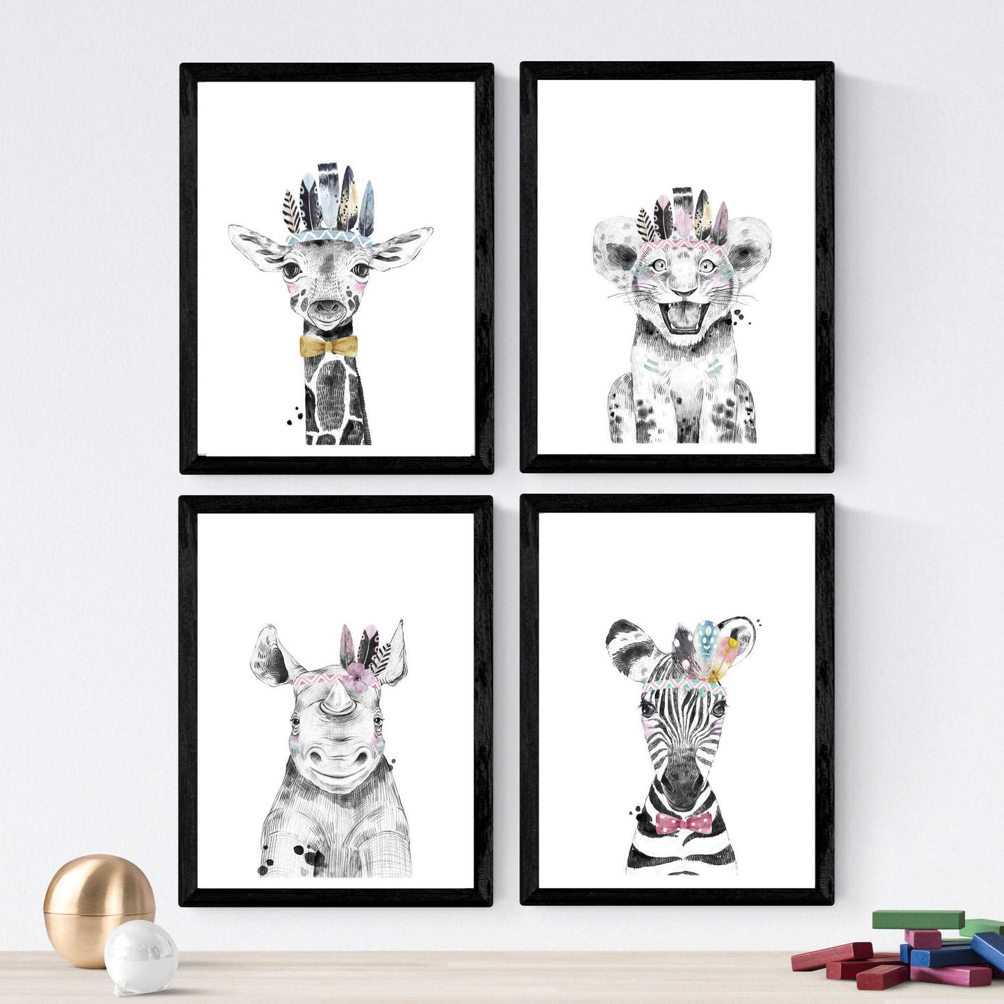 Set de 4 láminas de Animales Infantiles De Fiesta, en , Poster papel 250 gr.-Artwork-Nacnic-Nacnic Estudio SL