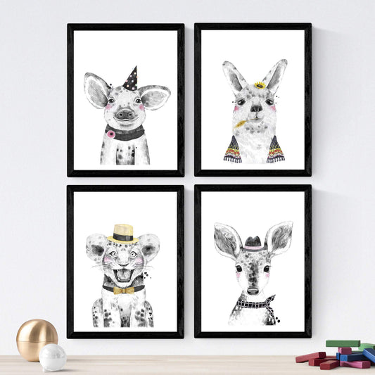 Set de 4 láminas de Animales Infantiles Divertidos Con Pajarita, en .-Artwork-Nacnic-Nacnic Estudio SL