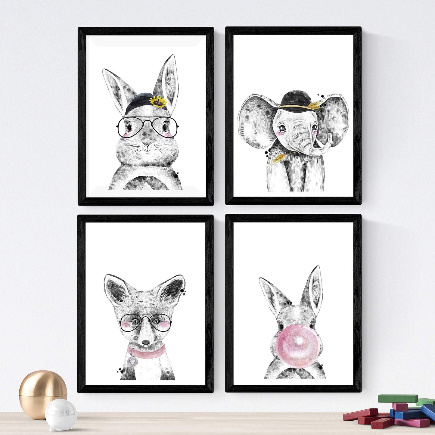 Set de 4 láminas de Animales Infantiles Dulces, en , Poster papel 250 gr.-Artwork-Nacnic-Nacnic Estudio SL