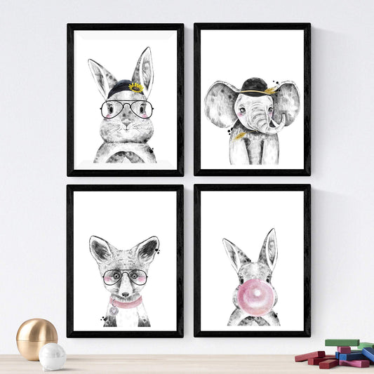 Set de 4 láminas de Animales Infantiles Dulces, en , Poster papel 250 gr.-Artwork-Nacnic-Nacnic Estudio SL