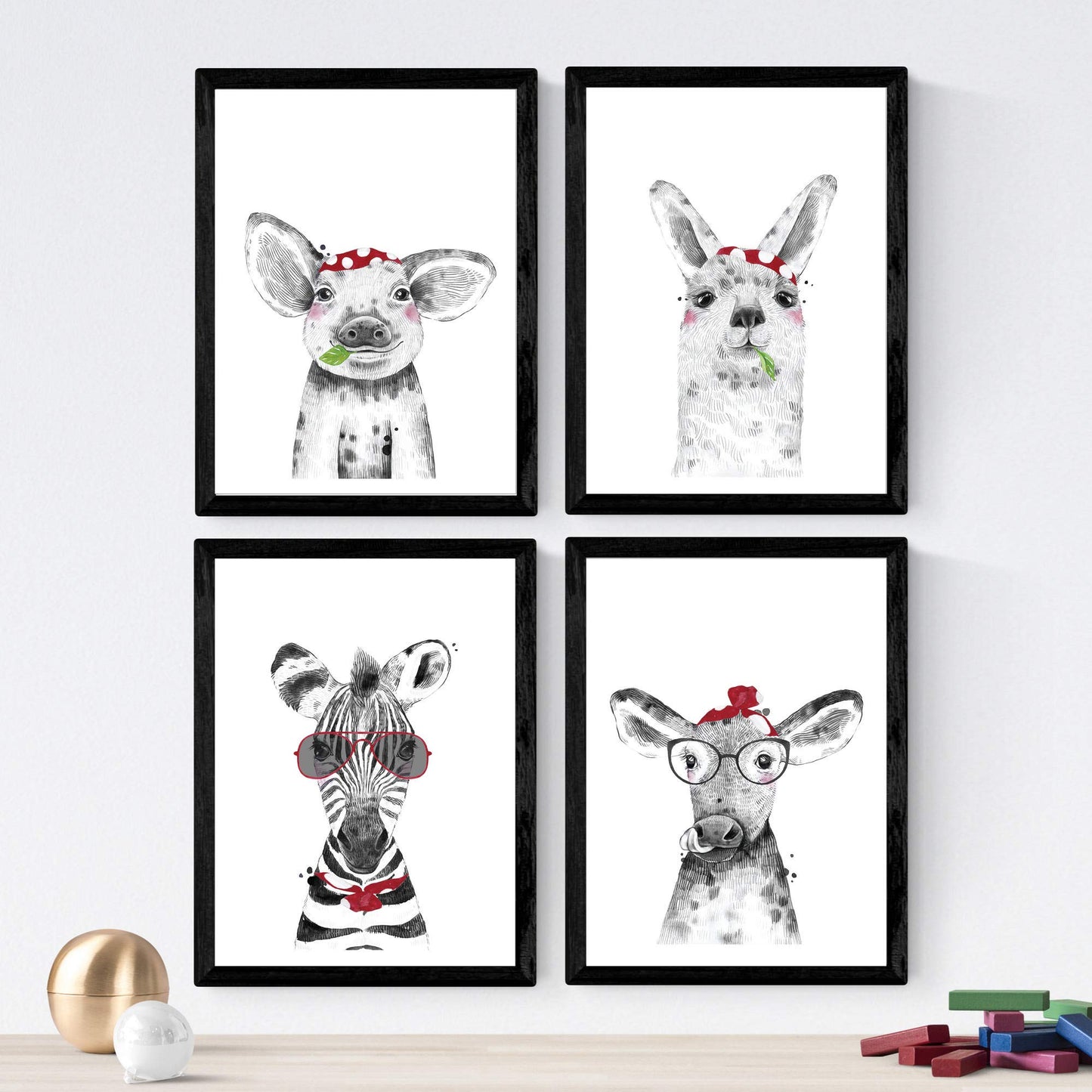 Set de 4 láminas de Animales Infantiles Tonos Rojos, en .-Artwork-Nacnic-Nacnic Estudio SL