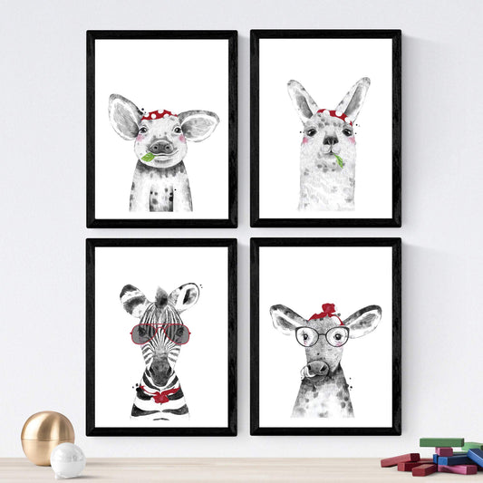 Set de 4 láminas de Animales Infantiles Tonos Rojos, en .-Artwork-Nacnic-Nacnic Estudio SL