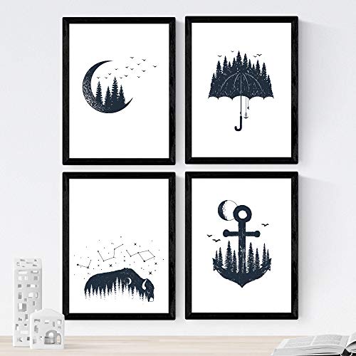 Set de 4 láminas de Bosque Pajaros, en .-Artwork-Nacnic-Nacnic Estudio SL
