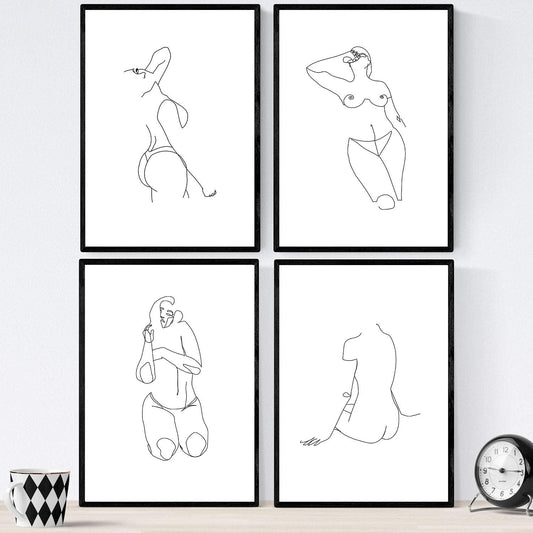 Set de 4 laminas de dibujos y bocetos a una linea. Desnudos mujer. Poster nordico de rostros, desnudos, cuerpos al natural.-Artwork-Nacnic-Nacnic Estudio SL