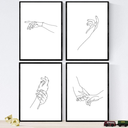 Set de 4 laminas de dibujos y bocetos a una linea. Manos 2. Poster nordico de rostros, desnudos, cuerpos al natural.-Artwork-Nacnic-Nacnic Estudio SL