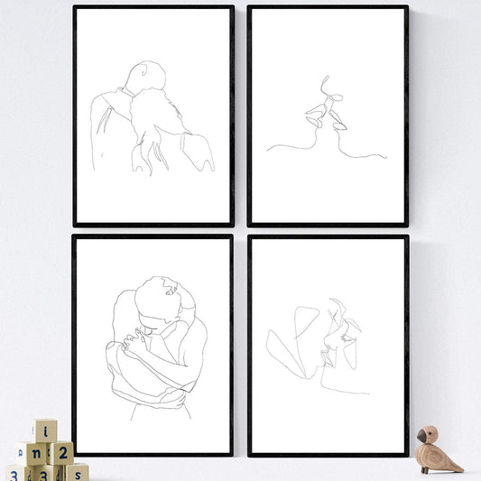 Set de 4 laminas de dibujos y bocetos a una linea. Parejas y amor. Poster nordico de rostros, desnudos, cuerpos al natural.-Artwork-Nacnic-Nacnic Estudio SL