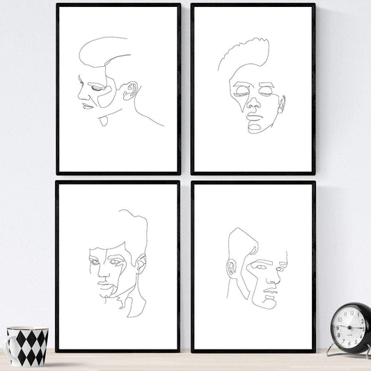 Set de 4 laminas de dibujos y bocetos a una linea. Rostros hombre 2. Poster nordico de rostros, desnudos, cuerpos al natural.-Artwork-Nacnic-Nacnic Estudio SL