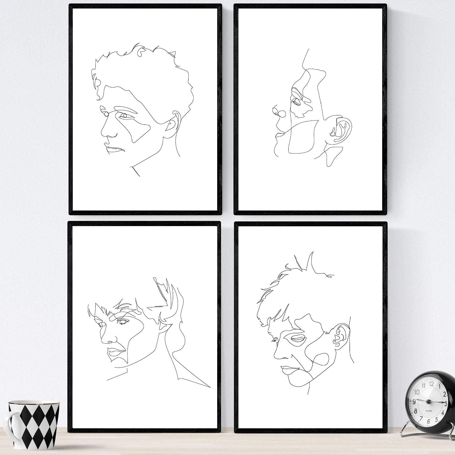 Set de 4 laminas de dibujos y bocetos a una linea. Rostros hombre 3. Poster nordico de rostros, desnudos, cuerpos al natural.-Artwork-Nacnic-Nacnic Estudio SL