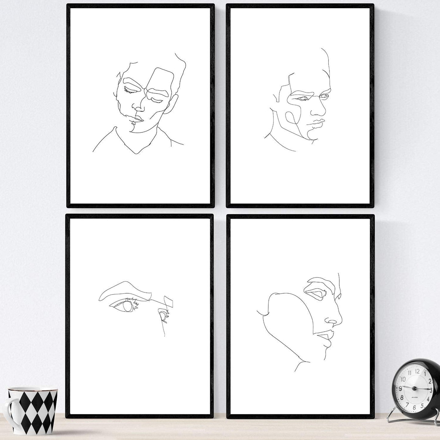 Set de 4 laminas de dibujos y bocetos a una linea. Rostros hombre. Poster nordico de rostros, desnudos, cuerpos al natural.-Artwork-Nacnic-Nacnic Estudio SL
