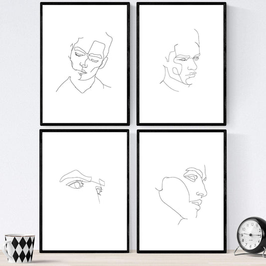 Set de 4 laminas de dibujos y bocetos a una linea. Rostros hombre. Poster nordico de rostros, desnudos, cuerpos al natural.-Artwork-Nacnic-Nacnic Estudio SL