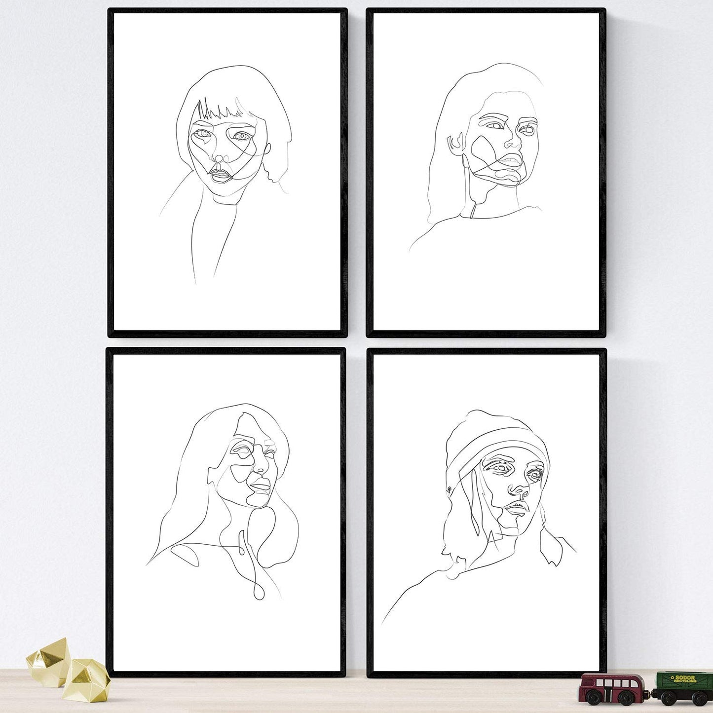 Set de 4 laminas de dibujos y bocetos a una linea. Rostros mujer 2. Poster nordico de rostros, desnudos, cuerpos al natural.-Artwork-Nacnic-Nacnic Estudio SL