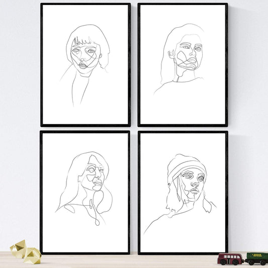 Set de 4 laminas de dibujos y bocetos a una linea. Rostros mujer 2. Poster nordico de rostros, desnudos, cuerpos al natural.-Artwork-Nacnic-Nacnic Estudio SL