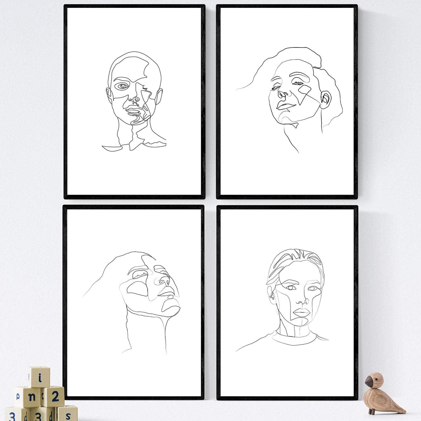 Set de 4 laminas de dibujos y bocetos a una linea. Rostros mujer 4. Poster nordico de rostros, desnudos, cuerpos al natural.-Artwork-Nacnic-Nacnic Estudio SL