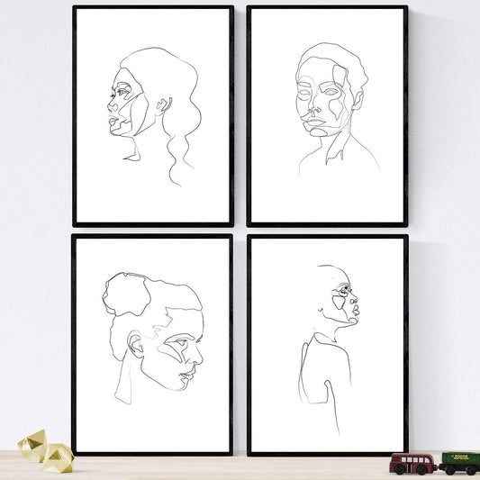 Set de 4 laminas de dibujos y bocetos a una linea. Rostros mujer. Poster nordico de rostros, desnudos, cuerpos al natural.-Artwork-Nacnic-Nacnic Estudio SL