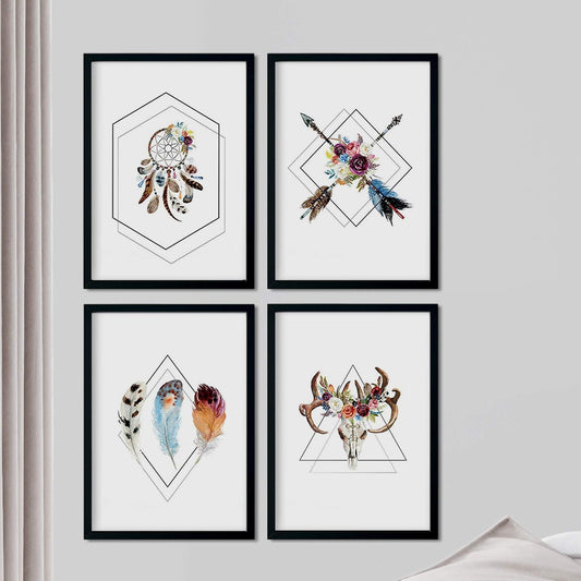 Set de 4 láminas de Formas Geometricas Y Plumas Boho, en .-Artwork-Nacnic-Nacnic Estudio SL