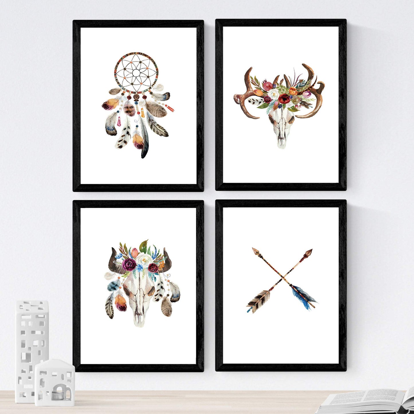 Set de 4 láminas de Plumas De Colores Y Flores Boho, en .-Artwork-Nacnic-Nacnic Estudio SL