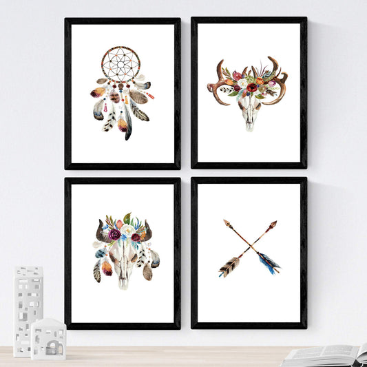 Set de 4 láminas de Plumas De Colores Y Flores Boho, en .-Artwork-Nacnic-Nacnic Estudio SL