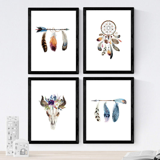 Set de 4 láminas de Plumas De Colores Y Flores Boho, en , Poster papel 250 gr.-Artwork-Nacnic-Nacnic Estudio SL