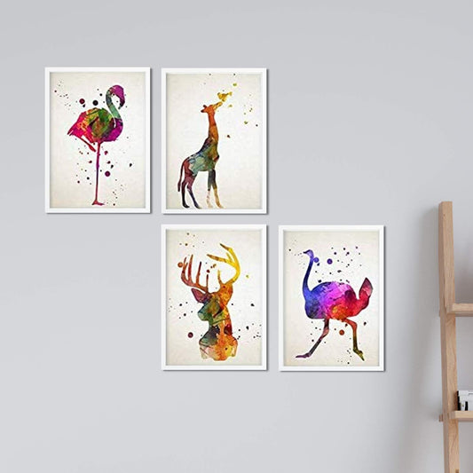 Set de 4 láminas para enmarcar, Flamenco, Avestruz, Ciervo y Jirafa, Estilo Acuarela.Posters con imágenes de Animales, . Decoración de hogar.-Artwork-Nacnic-Nacnic Estudio SL