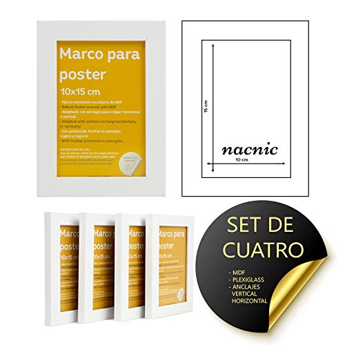 Set de 4 Marcos blancos para fotos, posters, láminas, diplomas. Tamaño(10x15 cm).Robustos de MDF y frontal de plexiglas.Marcos blancos para colgar de alta calidad.-Nacnic-Nacnic Estudio SL